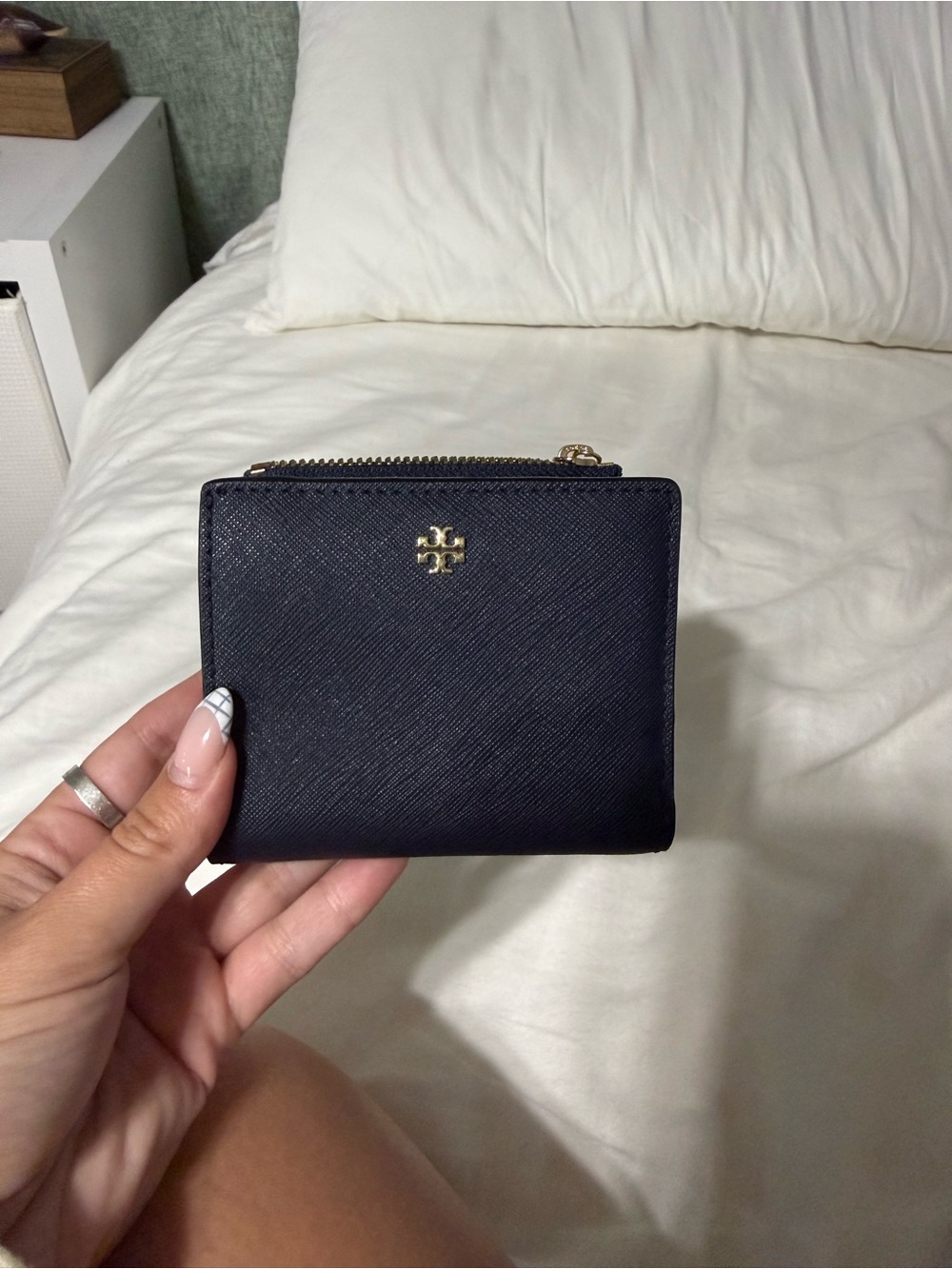 Tory Burch Navy Blue Saffiano Compact Zip Wallet with Gold Logo